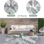 GENIMO Outdoor Rug 10' Round Waterproof for Patios Clearance, Reversible Outdoor Plastic Straw Camping Rug Carpet, Large Area Rugs Mats for RV, Camper, Deck, Balcony, Porch, Beach, Picnic, Grey&White