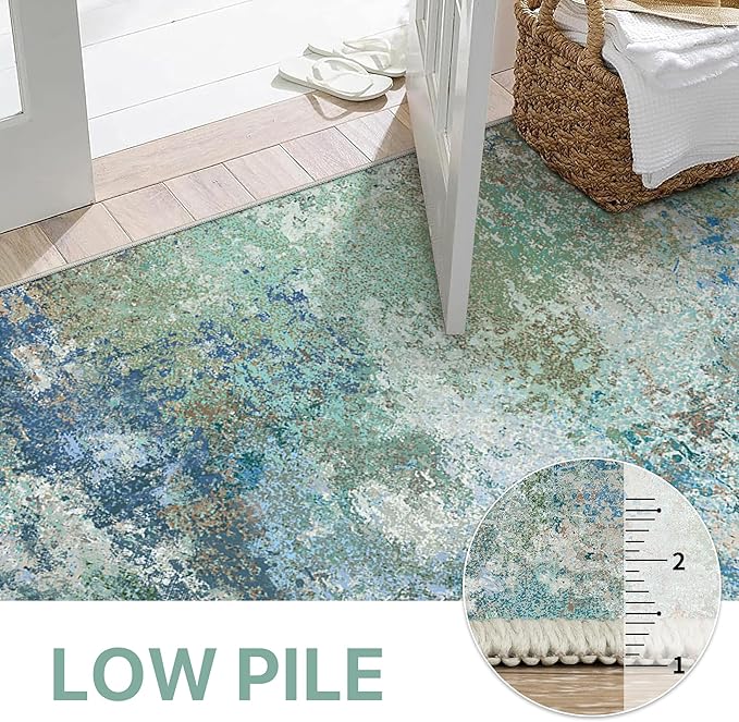 Area Rugs 6x9 Machine Washable Area Rug for Bedroom Living Room Dining Room, Large Modern Abstract Soft Rugs, Indoor Low Pile Carpet with Non Slip Rubber Backing, Abstract Blue Green