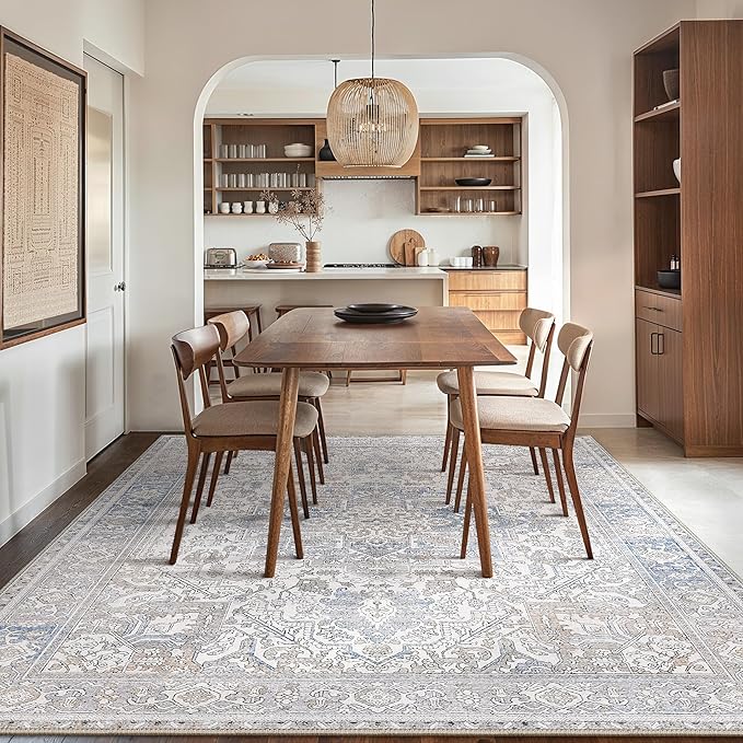 GENIMO 10x14 Area Rugs for Living Room, Machine Washable Non Slip Vintage Retro Rugs, Low Pile Lightweight Thin Print Rug for Bedroom, Dining Room, Home Office, Khaki Blue