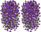 Artificial Faux Hanging Flowers Plants for Outdoor Decor,2 PCS Fake Silk Morning Glory with Eucalyptus UV Resistant Realistic Trailing Vine for Wall Home Porch Patio Balcony Yard Indoor Decor, Purple