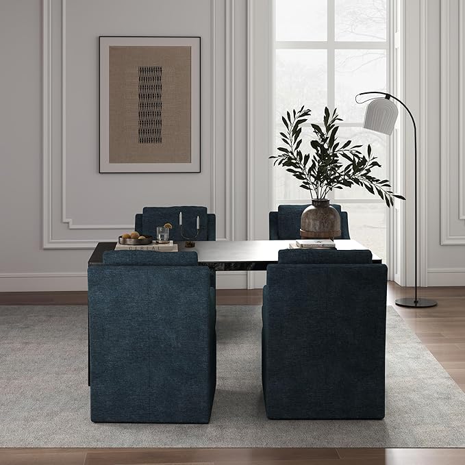 VKNOW Upholstered Dining Chairs Set of 4, Modern Kitchen Chairs Dinner Chairs with 4 Casters, Linen Armchair for Bedroom Reading Room Living Room, Navy