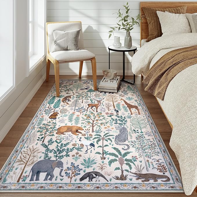 OJIA Jungle Print Washable Area Rugs 5x7, Soft Modern Rugs for Living Room Ultra-Thin Non-Shedding Bedroom Rug, Stain Resistant Neutral Area Rug Large Carpet for Dining Room Kids Nursery Playroom