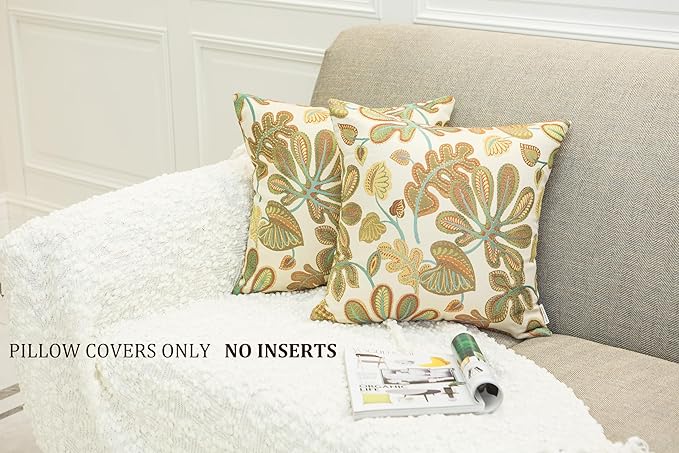 Mika Home Set of 2 Jacquard Tropical Leaf Pattern Throw Pillow Covers Decorative Pillowcase 20X20 Inches,Teal Cream