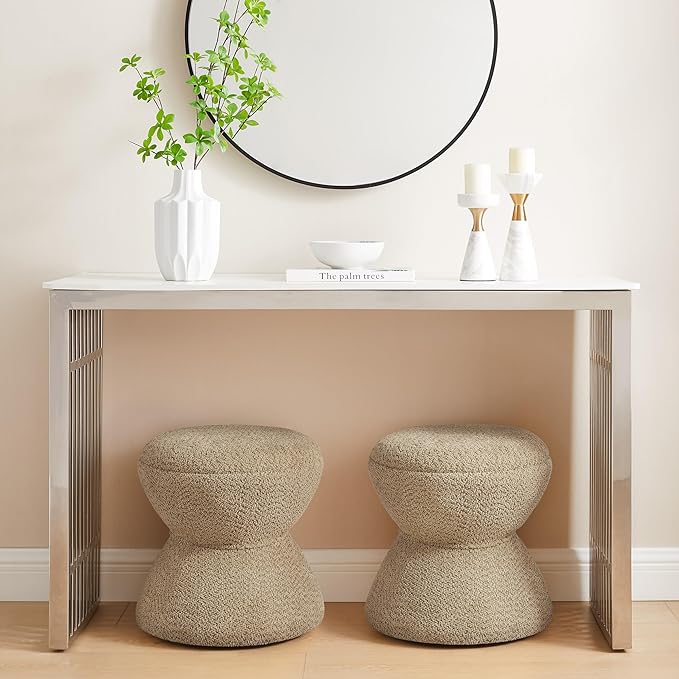 VANOMi Multi-Functional Boucle Ottoman, Vanity Stool Chair, Sturdy Wooden Footstool, Suitable for Living Room, Bedroom, and Entryway, Without Installation, Camel