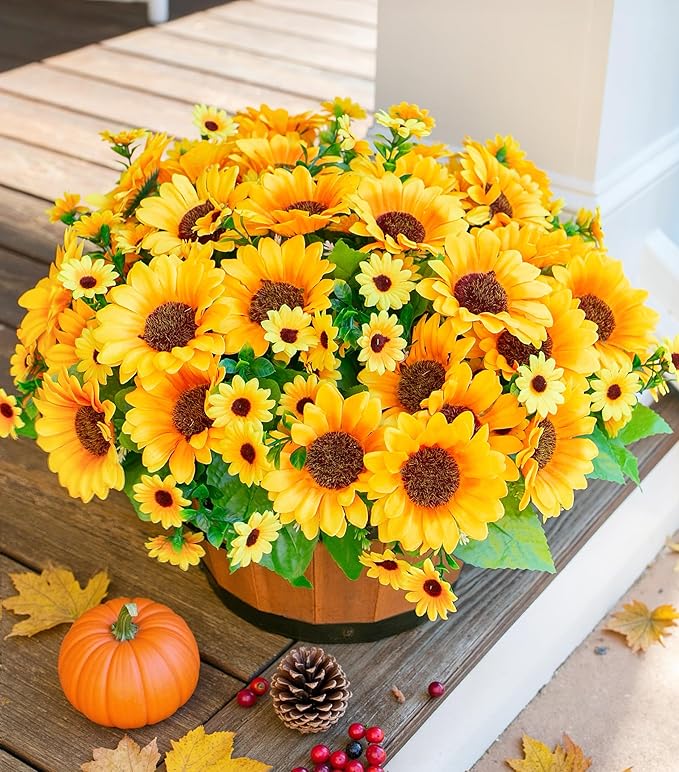 Sunflowers Artificial Flowers, 10 Bunches Fake Sunflower Artificial Flowers for Outdoors Fall Autumn Decoration Look Real UV Resistant Fake Flowers for Home Porch Garden Wedding Party Office Indoor