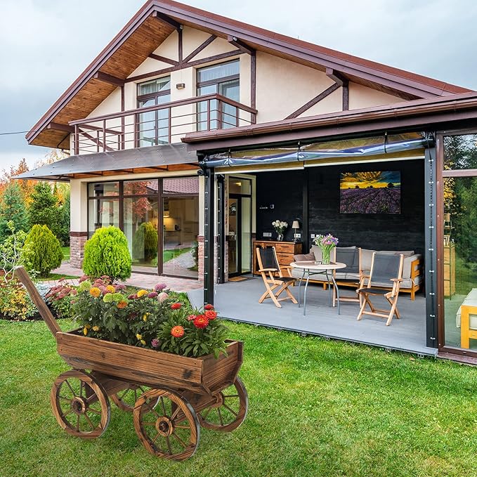 Garden Wooden Decor Rustic Flower Pot,Planters Wagon Indoor Outdoor Backyard Balcony Decor,for Outside Garden Decor Wheelbarrow Planter for Patio (Wooden Wagon)