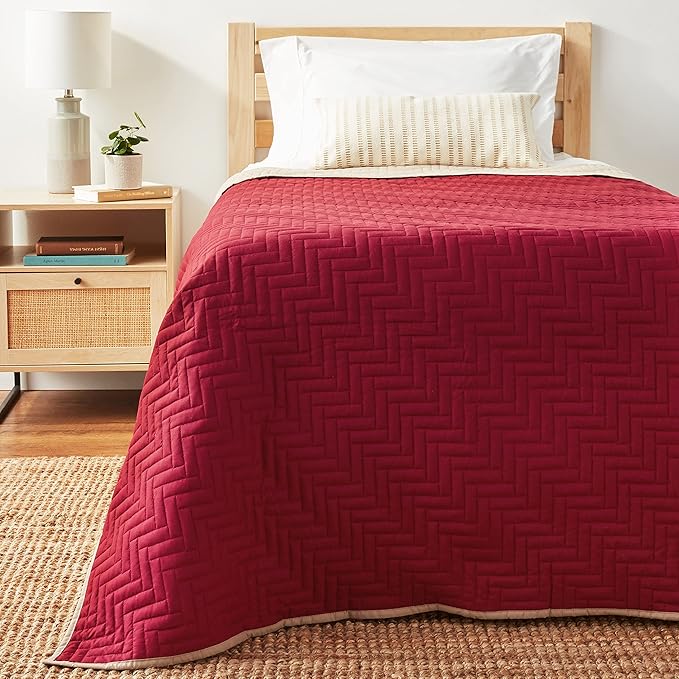 Martex Reversible Coverlet – Twin Bed Quilt – Lightweight Twin Size Bedding – Durable Quilts for Bed – Soft - Easy Care Bedding – Khaki/Red