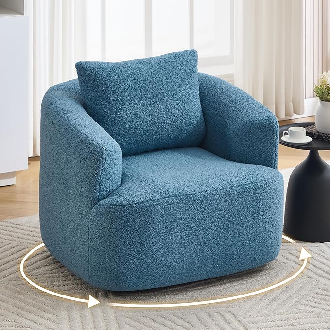 Luxlen Swivel Accent Chair with Pillow for Living Room, Teddy Fleece Upholstered Single Sofa, 360° Rotating Barrel Chair with Metal Base for Bedroom, Office, Apartment - Blue