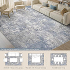 Tortania Washable 9x12 Area Rug for Living Room: Modern Abstract Neutral Large Soft Thin Rugs - Non Slip Indoor Carpet for Bedroom Dining Room Office Nursery Home Floor Decoration - Blue Grey