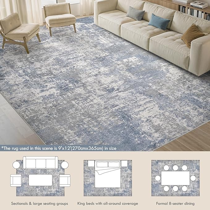 Tortania Washable 9x12 Area Rug for Living Room: Modern Abstract Neutral Large Soft Thin Rugs - Non Slip Indoor Carpet for Bedroom Dining Room Office Nursery Home Floor Decoration - Blue Grey