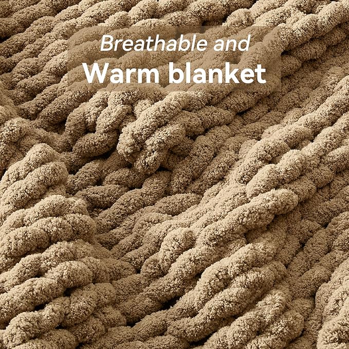 Chunky Knit Throw Blanket, 30''*40'' Knitted Throw Chenille Yarn for Bed Couch, Handmade Light Brown Crochet Big Thick Blanket, Machine Washable Cute Comfy Blanket for Home Decor