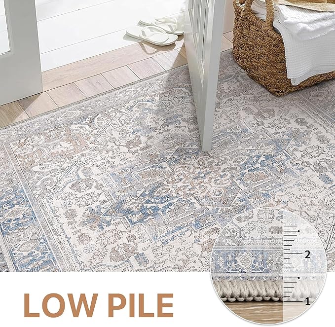 GENIMO 2x5 Runner Rugs for Hallway, Machine Washable Non Slip Vintage Retro Rugs, Low Pile Lightweight Thin Print Rug for enrtyway, Corridor, Home Office, Kitchen, Khaki Blue