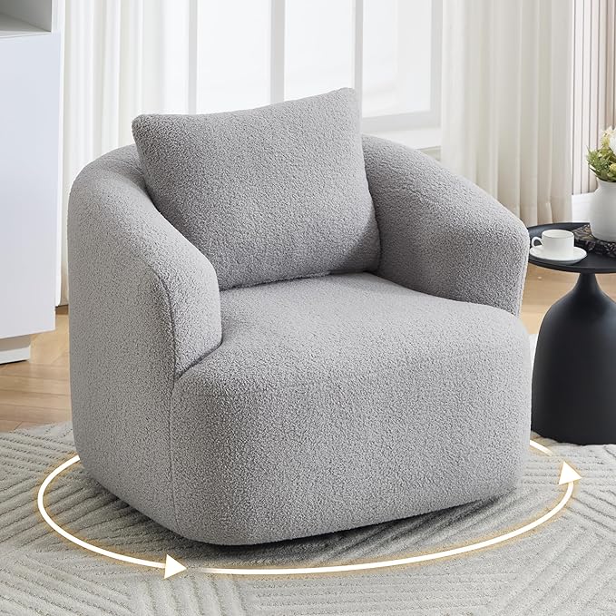 Luxlen Swivel Accent Chair with Pillow for Living Room, Teddy Fleece Upholstered Single Sofa, 360° Rotating Barrel Chair with Metal Base for Bedroom, Office, Apartment - Light Gray