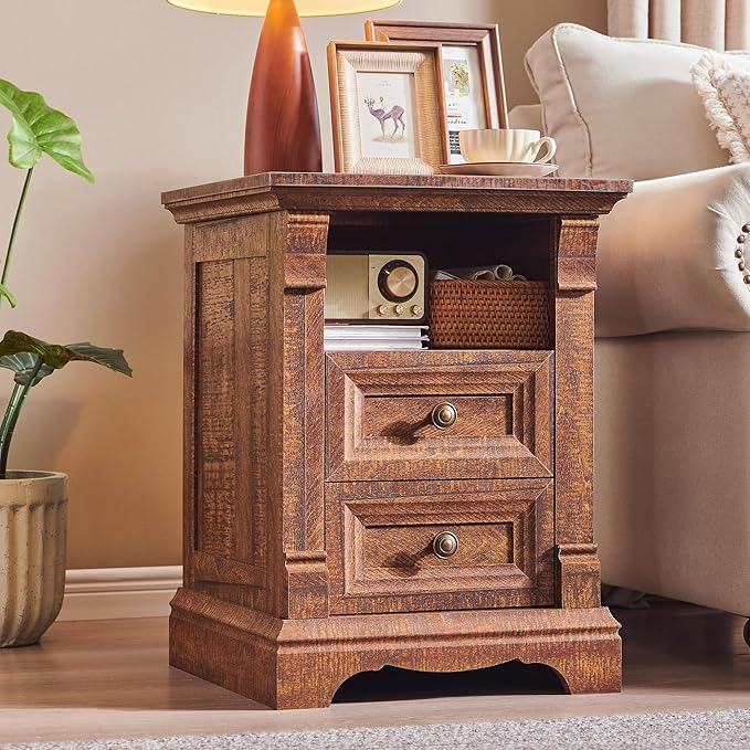 Farmhouse Nightstand with Charging Station, 18" End Table with 2 Drawers Storage and 1 Storage Shelf, Wooden Sofa Table w/Roman Column, , Bedside Cabinet for Bedroom, Living Room, Reclaimed Barnwood