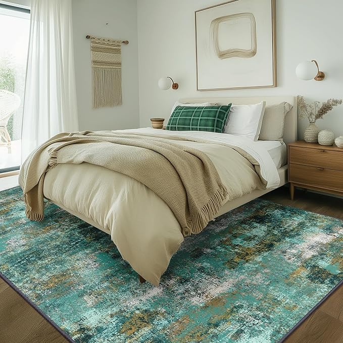 Area Rugs 10x14 for Living Room Bedroom, Modern Abstract Machine Washable Rug, Large Soft Low Pile Floor Carpet with Non Slip Backing for Dining Room, Turquoise