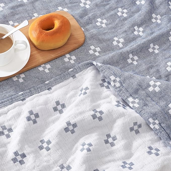 jinchan Boho 100% Cotton Blanket Muslin 50x60 Inches Lightweight 3-Layer Geometric Cross Pattern Reversible Quilt Throw Soft Breathable Comfy All Seasons for Couch Bed Decor, Blue