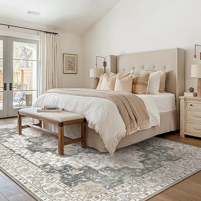 GENIMO 10x14 Area Rugs for Living Room, Machine Washable Non Slip Vintage Rugs, Low Pile Lightweight Chenille Print Rug for Bedroom, Dining Room, Home Office, Heathered Grey