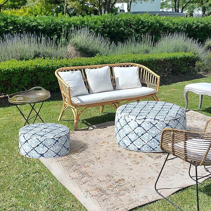 LVTXIII Outdoor Inflatable Ottoman, Fade-Resistant Round Footrest Stool D31”x H14”, Portable Patio Pouf for Garden Camping or Home Use, Boho Geometry Blue