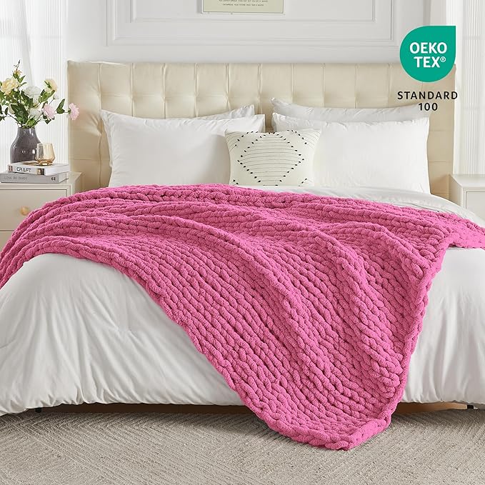Carriediosa Chunky Knit Throw Blanket 50" X 60", 100% Hand Made Large Chenille Loop Yarn Soft Fluffy Throws for Couch Sofa Bed, Big Crochet Cozy Heavy Thick Cable Woven Blankets, Hot Pink