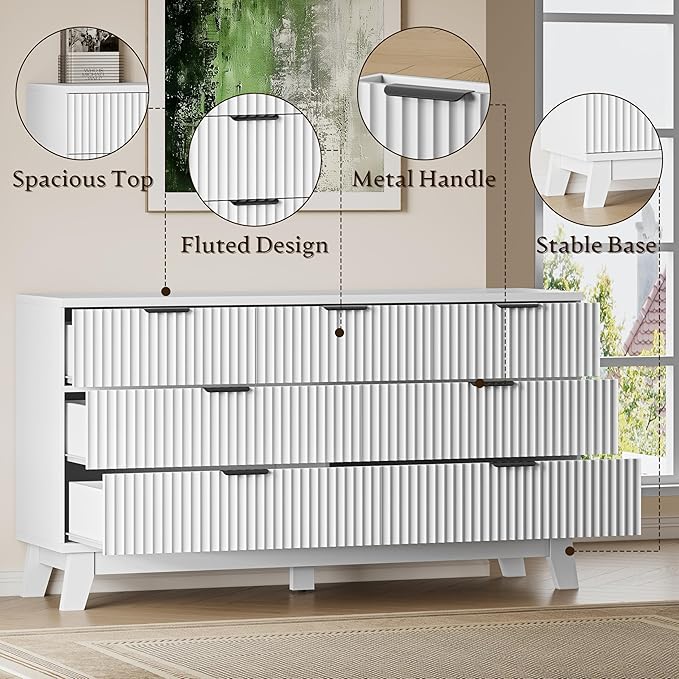 57" Long Dresser for Bedroom, 7-Drawer Fluted Chest, Wide Wood Storage Dresser with Metal Slides and Handles, Stable Base, Modern Clothes Organizer for Primary Suite, Guest Room, Nursery