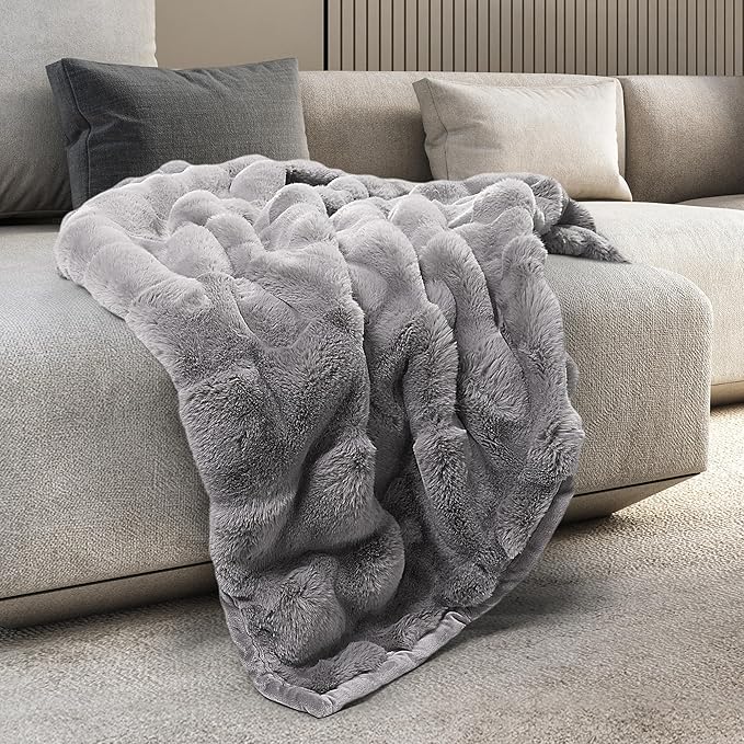 Mon Chateau 60" x 70" Faux Fur Throw Blanket - Reversible Soft Blanket for Queen-Size Bed, Couch, or Sofa, Cozy Home Decor and Stylish Living Room Comfort in Grey
