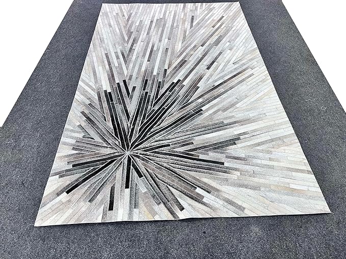 Faux Cowhide Area Rug | Radiating Starburst Pattern Non-Slip Leather Carpet for Western, Farmhouse & Modern Home Décor – Living Room, Bedroom & Office Accent(Grey_3x12)