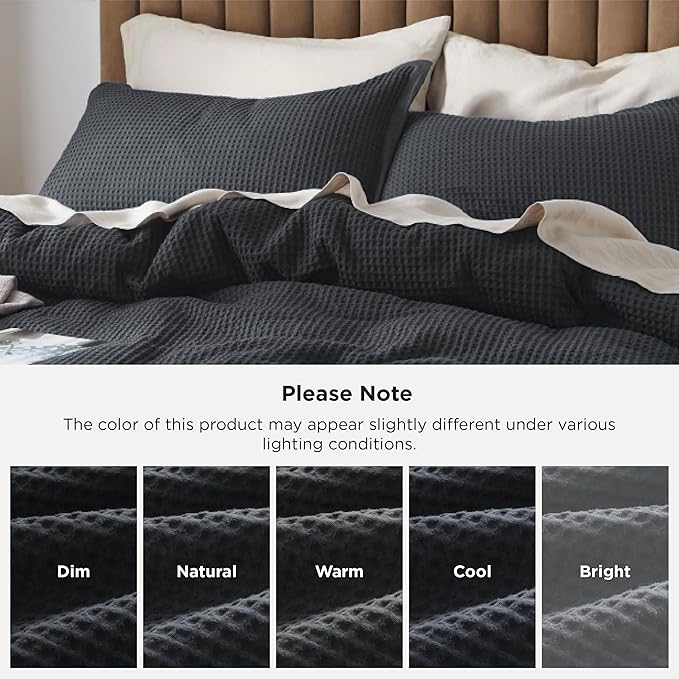 Bedsure Cotton Duvet Cover Set - 100% Cotton Waffle Weave Charcoal Duvet Cover California King Size, GentleSoft™ and Breathable Cal King Bedding Set for All Season, 3 Pieces, 104"x98"
