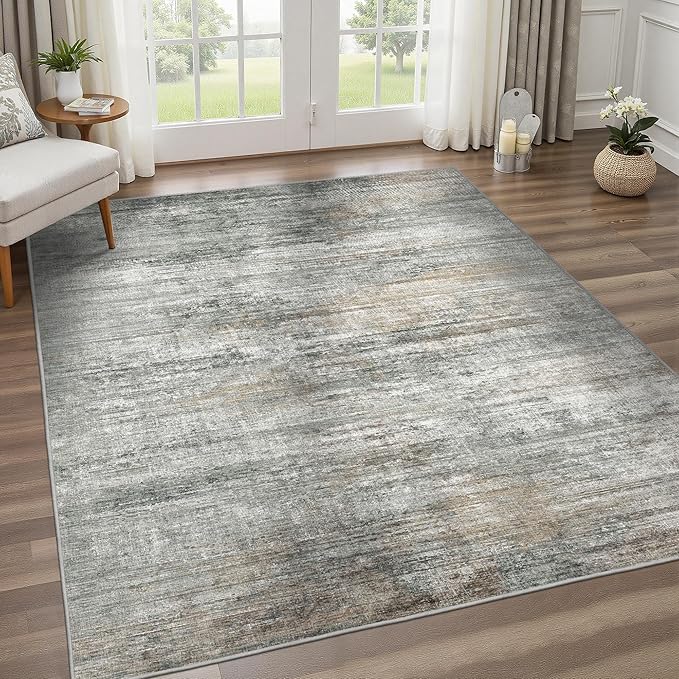 Area Rugs 9x12 for Living Room Bedroom, Modern Abstract Machine Washable Rug, Large Soft Low Pile Floor Cover with Non Slip Backing for Dining Room, Ash Gray Brown