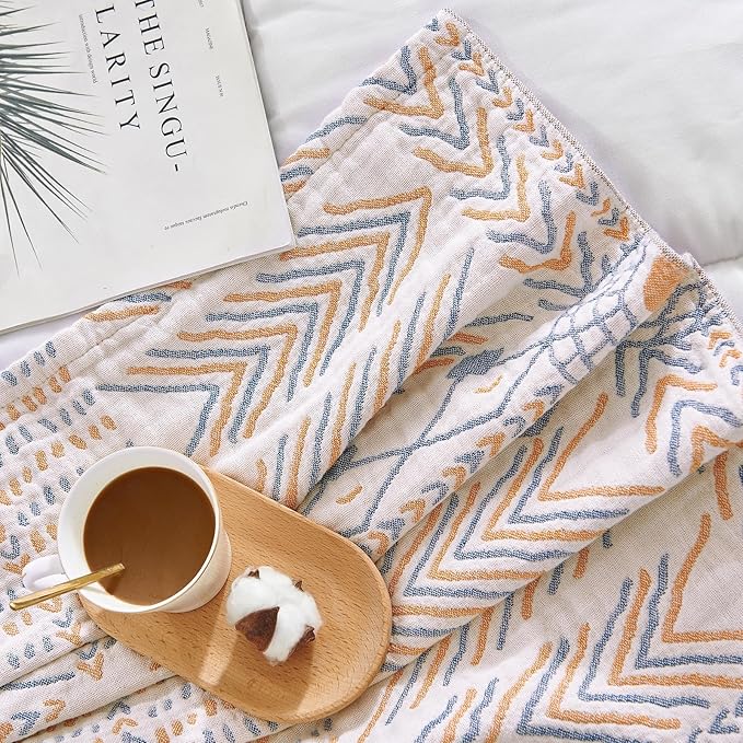 jinchan Boho 100% Cotton Muslin Twin Size 60x80 Throw Blanket Lightweight 4-Layer Orange Reversible Blanket Washable Breathable Geometric Striped Pattern Soft Comfy for Couch Bed Decor All Seasons