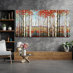 Canvas Wall Art for Living Room Bedroom Modern Wall Decor of Red Leaves White Birch Tree Forest Painting Artwork Wall Decoration 29x58 Large Size with Wood Framed Easy to Hang for Home