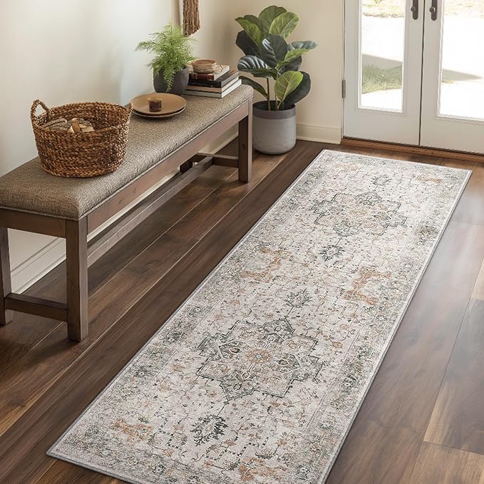 GENIMO Runner Rug 2x10 Machine Washable Non Slip Vintage Hallway Runner Rug, Low Pile Lightweight Rugs for Indoor Entryway, Hallway, Kitchen and Corridor, Light Taupe Brown