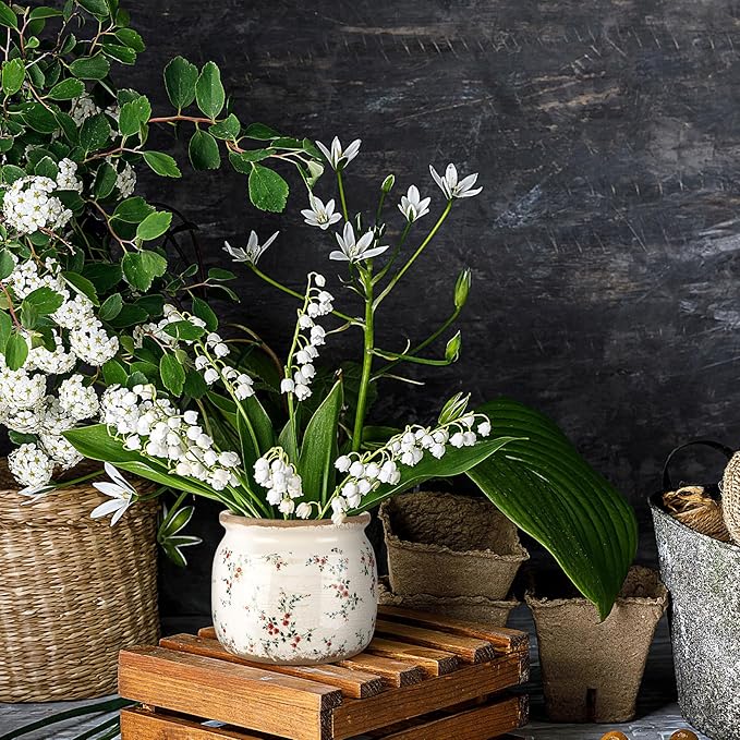 Vintage Planter Large Ceramic Plants Pot Beige Red Rustic Floral Ice Crack Cottage Scroll Vase Flower Vase Pot Indoor Plants Home Kitchen Decor Farmhouse Antique Decorative Gifts