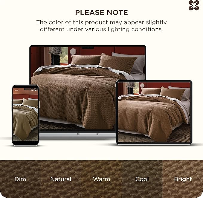 Bedsure Cotton Duvet Cover King - 100% Cotton Waffle Weave Brown Duvet Cover King Size, GentleSoft™ and Breathable Bedding Set for All Season, 3 Pieces, 104"x90"