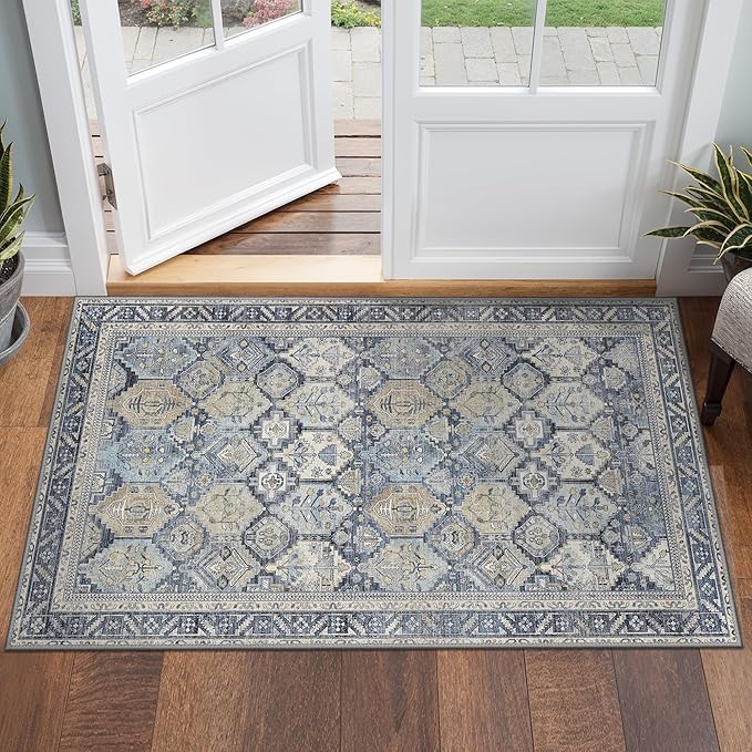 GENIMO 2x3 Area Rugs for Living Room, Machine Washable Non Slip Vintage Rugs, Low Pile Lightweight Chenille Print Rug for Bedroom, Dining Room, Home Office, Brown Blue