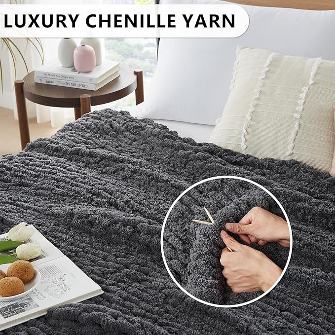 L'AGRATY Chunky Knit Blanket Throw - Soft Chunky Throw Blanket 30x40: 100% Hand Kintted Chenile Crochet Throw Blanket for Couch - Large Cable Knit Chunky Blanket for Home Decor(Dark Grey)