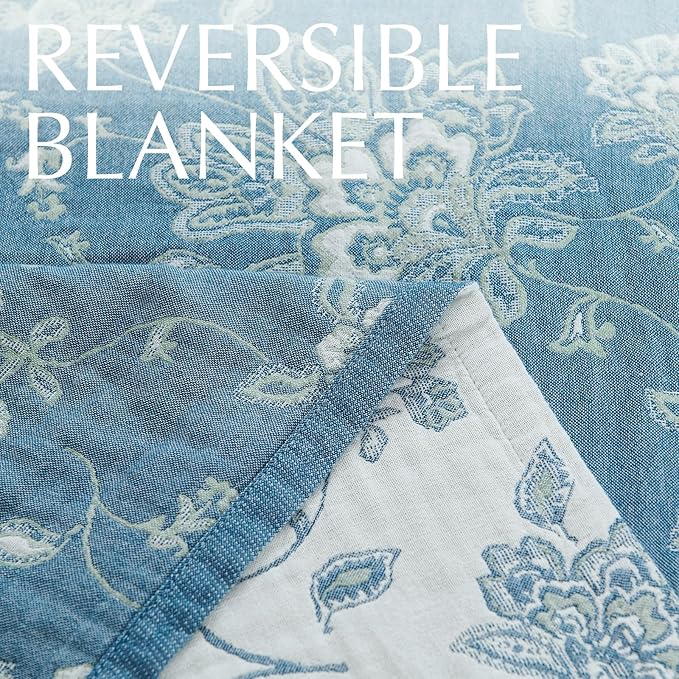 jinchan Boho 100% Cotton Muslin Queen Size 80x90 Inches Blanket Lightweight 4-Layer Quilted Soft Blue and White Floral Throw Blanket Green Accents Reversible Comfy Flower Rustic Summer Couch Bedroom