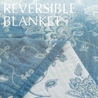 jinchan Boho 100% Cotton Muslin Queen Size 80x90 Inches Blanket Lightweight 4-Layer Quilted Soft Blue and White Floral Throw Blanket Green Accents Reversible Comfy Flower Rustic Summer Couch Bedroom