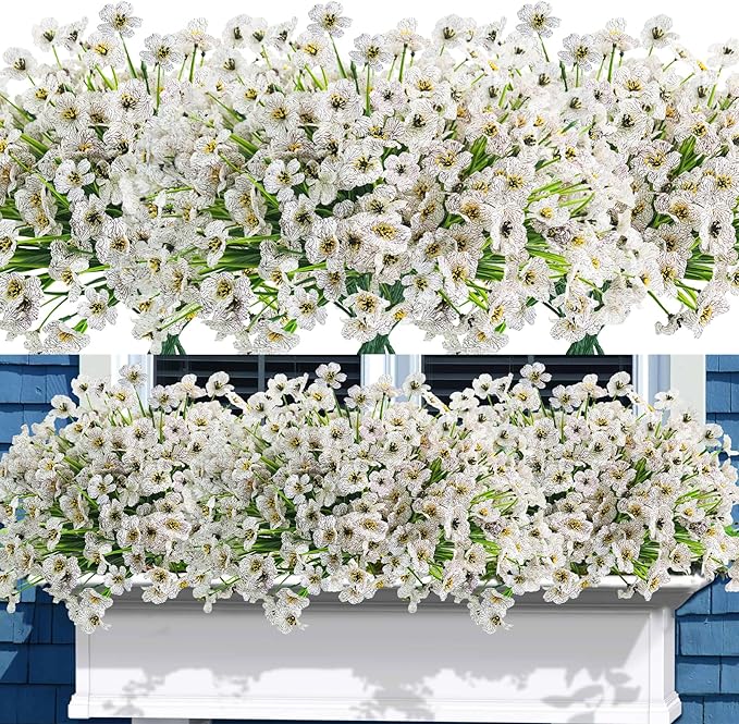 Uieke 72 Bundles Outdoor Artificial Flowers UV Resistant Outdoor Fake Flowers No Fade Faux Plastic Plants for Garden Porch Window Box Home Outside Spring Summer Décor (White)