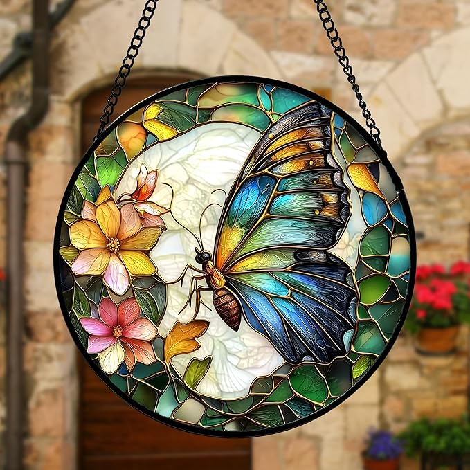 Stained Glass Window Hanging, Butterfly Flower Sun Catchers Diamond Glass Panel Hangings Insect Suncatcher Decor for Birthday for Women, Men, Wife, Aunt, and Mom 7.8 in