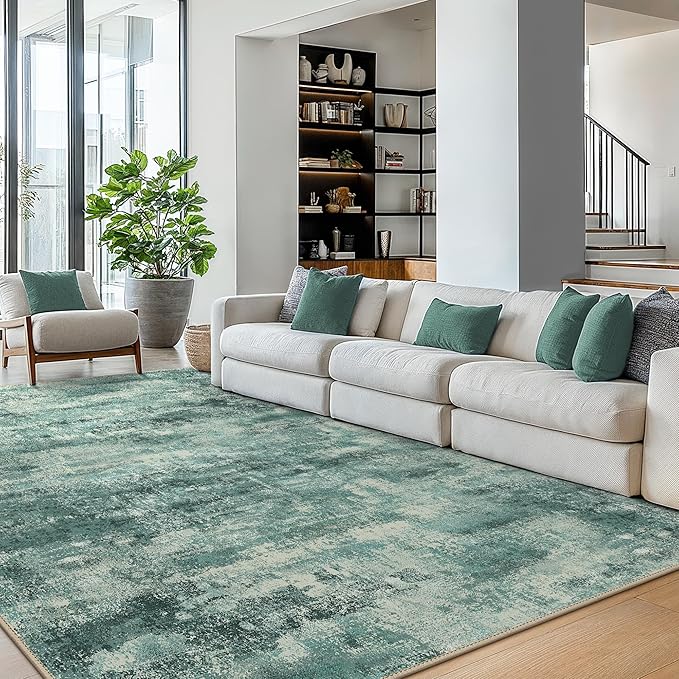 Area Rugs 10x12 for Living Room Bedroom, Modern Splash Abstract Machine Washable Rug, Large Soft Low Pile Floor Cover with Non Slip Backing for Dining Room, Teal Green