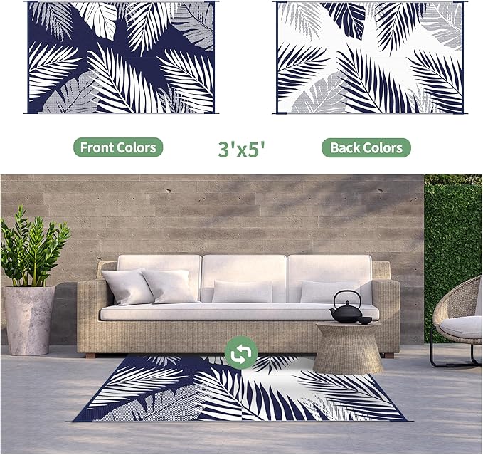 GENIMO Outdoor Rug 3' x 5' Waterproof for Patios Clearance, Reversible Outdoor Plastic Straw Camping Rug Carpet, Large Area Rugs Mats for RV, Camper, Deck, Balcony, Porch, Beach, Navy Blue&White