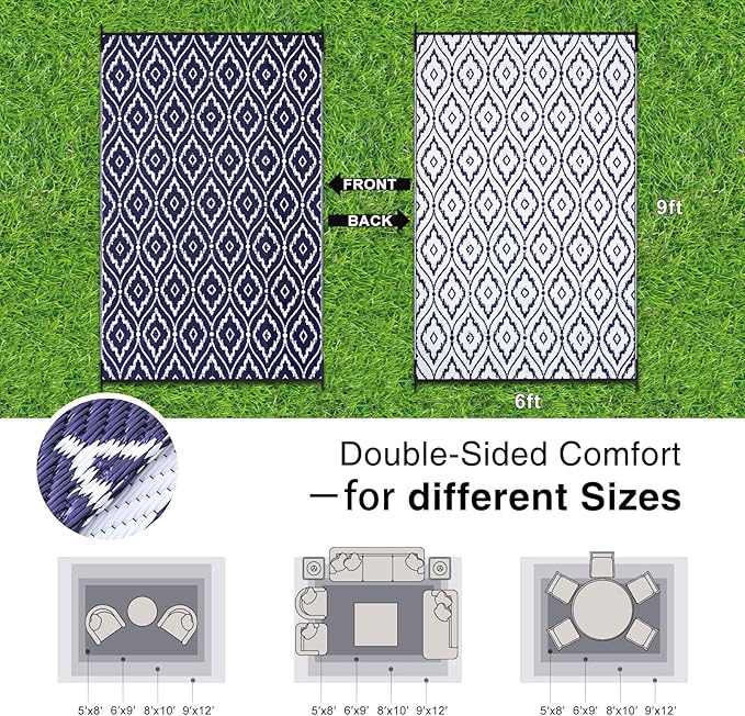 OLANLY Outdoor Rug 6x9 ft Waterproof, Outdoor Plastic Straw Rug with Geometric Pattern Clearance, Reversible RV Mat for Patio, Camping, Balcony, Deck, Backyard, Navy & White