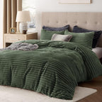 Bedsure Fluffy Duvet Cover Set - Ultra Soft Plush Shaggy Comforter Cover Queen Size, Warm Flannel Fleece Bed Sets for Winter, 3 Pieces (Striped Pattern, Green)