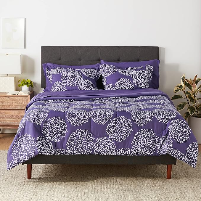 Amazon Basics Full/Queen Comforter Set with Sheets, 7-Piece Purple Floral Bedding, Lightweight Microfiber Bed-in-a-Bag