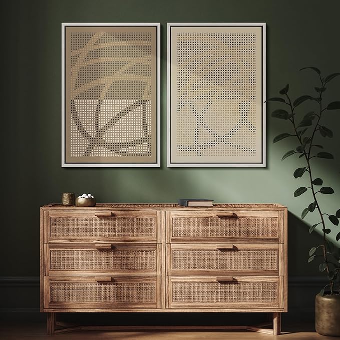 SIGNFORD Framed Canvas Print Wall Art Set Geometric Dot Patterns Earthy Beige and Brown Contrast Illustration Modern Art Decorative Nordic Nature for Living Room, Bedroom, Office - 24"x36"x2 White