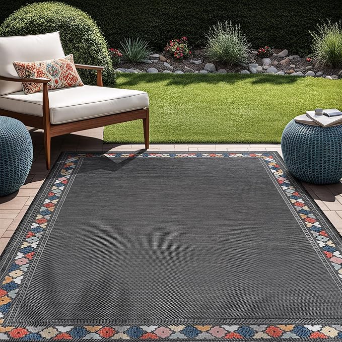 Beverly Rug Outdoor Rug 9x12 Modern Bordered Large Area Rugs for Indoor and Outdoor Patio Easy to Clean Non Shedding Living Room Porch Garden Washable Outside Carpet (9 x 12 Dark Gray)