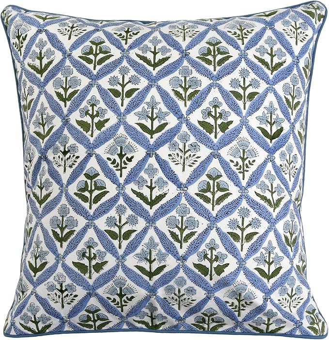 Ridhi Light Steel Blue Block Print Cotton Throw Pillow Covers for Decorative Couch Pillows for Living Room, Chic Boho Cute Outdoor Valentine Pillows Covers Gifts 16x16 Inches