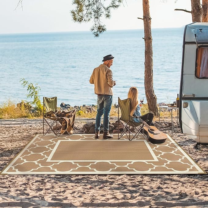 GENIMO 9' x 12' Outdoor Rug for Patio Clearance, Waterproof Indoor Outdoor Plastic Straw Rugs Carpet, Reversible Outside Area Rv Mat for Camping, Balcony Porch, Deck, Picnic, Beach (Brown & Beige)