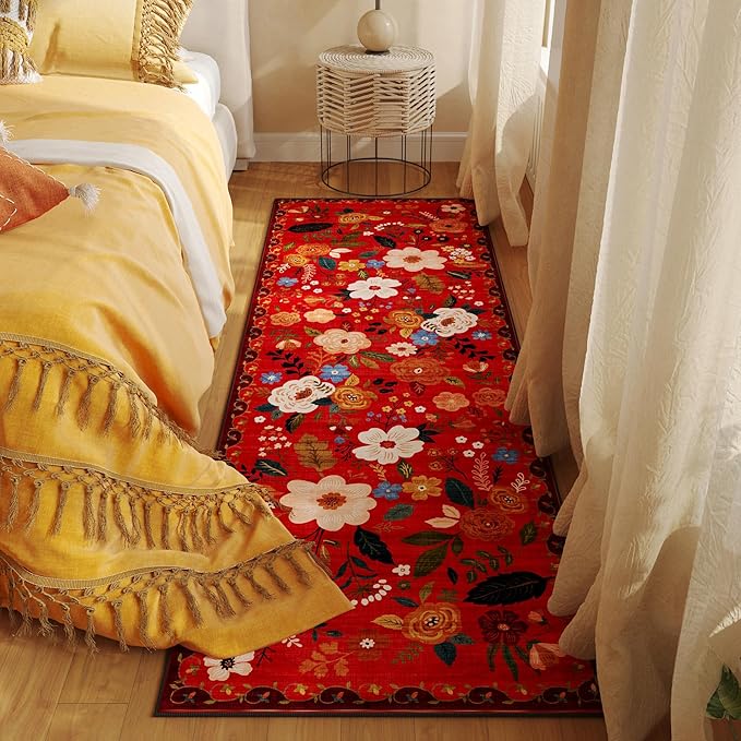 Runner Rug for Hallways Kitchen Rug Non Slip 2'x 6' Washable Runner Rugs with Rubber Backing Soft Floral Carpet Runner for Hallways, Kitchen, Laundry, Bedroom, Bathroom(Red)