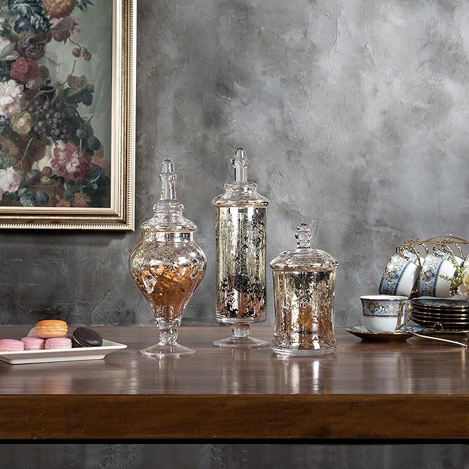 MyGift Set of 3 Silver Mercury Glass Apothecary Jars, Weddings Centerpiece Candy Buffet